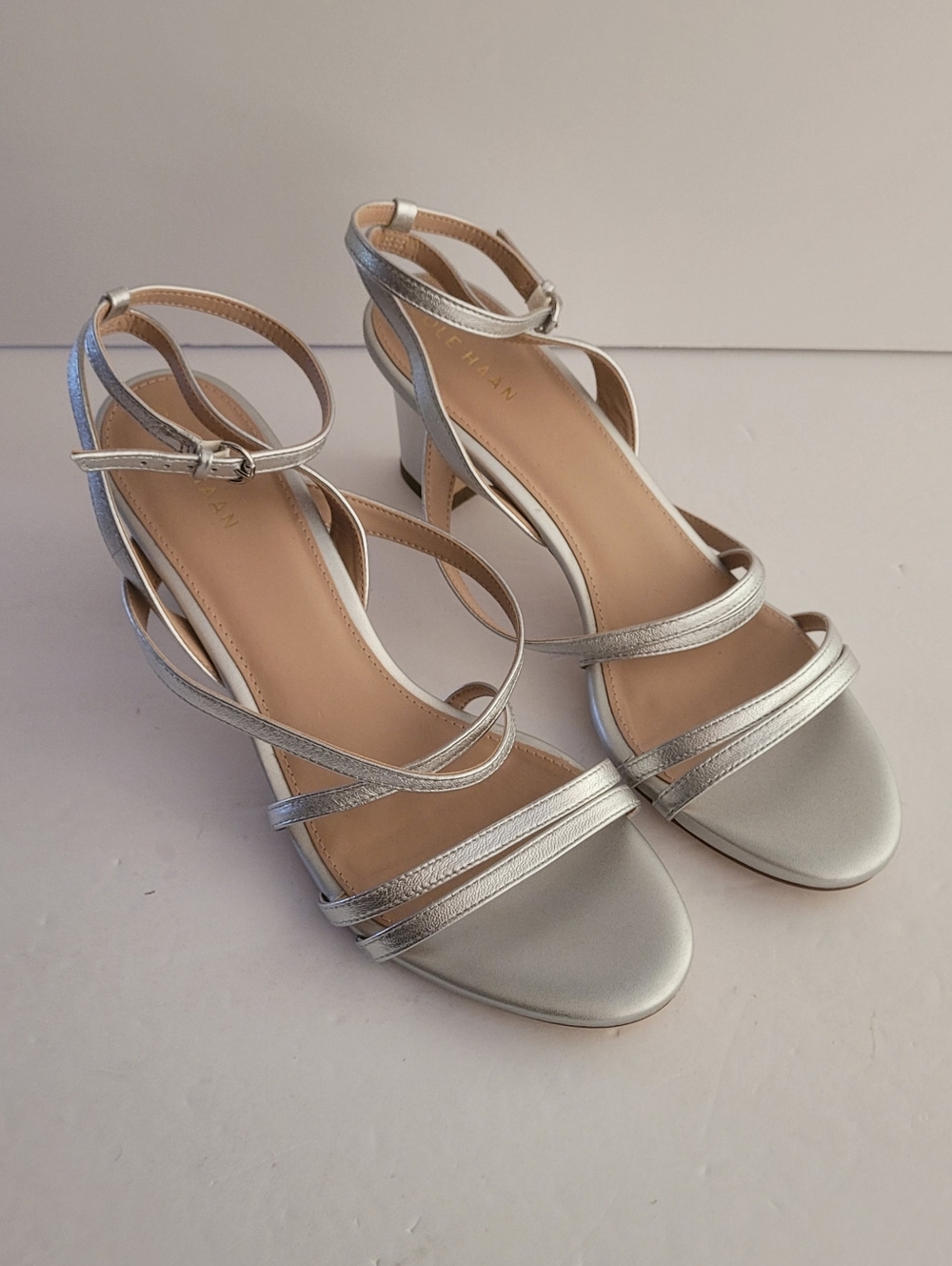 Cole Haan Addie Strappy Heeled Sandals Silver Leather Womens 9 1/2B 9.5B New